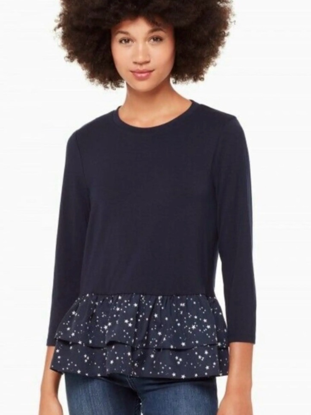 kate spade Navy Ruffle Hem Long Sleeve Top with Star Print